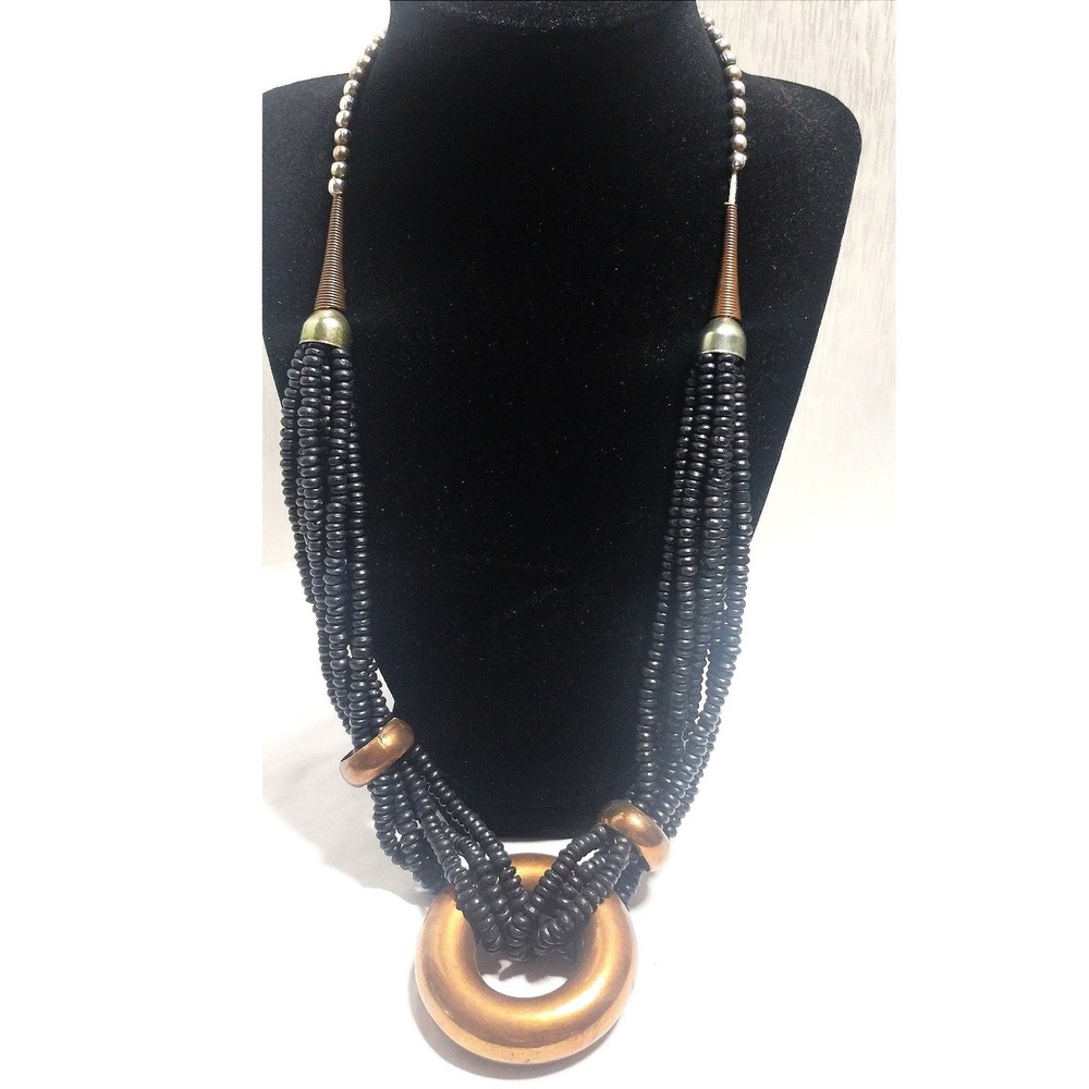 Vintage Chunky Multi Strand Black Wood Bead Statement Necklace Bronze Ring 24 In